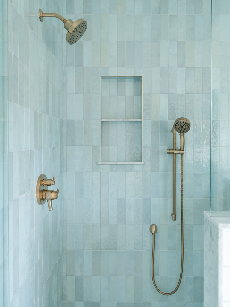 baby blue cloe tile bedrosians shower with delta champange bronze shower fixtures cape charles virginina bay creek bathroom renovation design